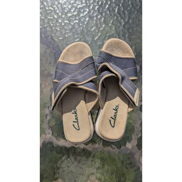 Clarks Adjustable Canvas Blue/Tan Sandals Open Toe Slip On Women’s Size 6 M - Picture 3 of 9